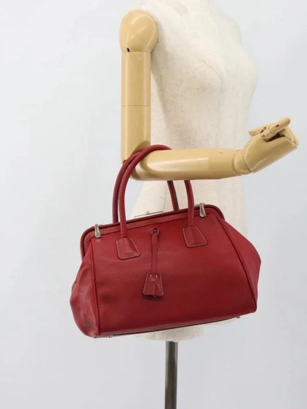 PRADA Hand Bag Leather Red Silver Auth